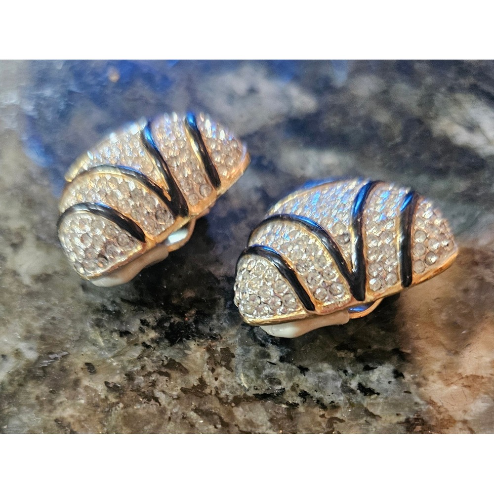 Ciner Clip On Earrings Women OS Gold Black Enamel Pave Crystal Shield Excellent - Picture 3 of 6